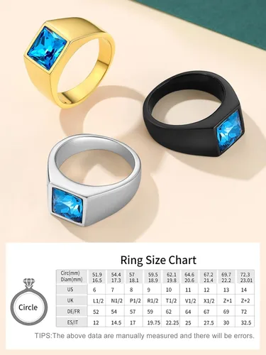 Vista 8 de Supcare Anillo cuadrado con sello de piedra preciosa para hombre, topacio azulanillo de cóctel onxy negro, ajuste cómodo, tallas 7 a 14, joyería