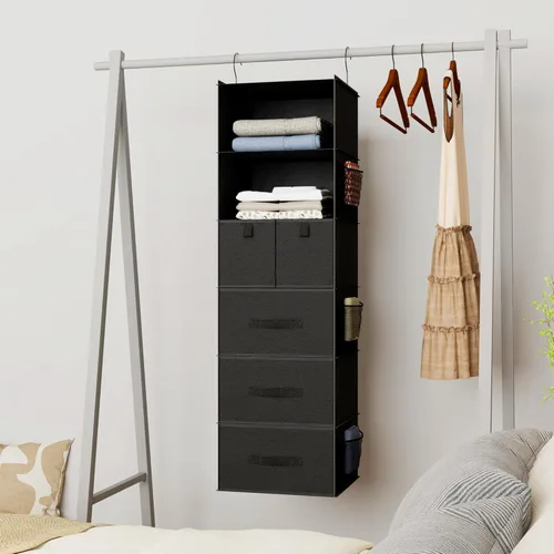 Vista 2 de Organizador de armario colgante de 6 estantes con 5 cajones, almacenamiento no tejido, negro Spacious compartments sort clothes & undergarments