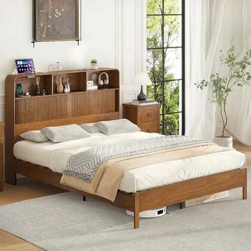Vista 3 de Lxsxlome Base de cama tamaño Queen con cabecero y estación de carga de Nuez-reina