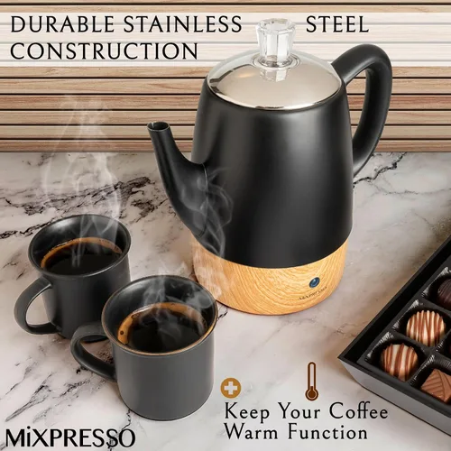 Vista 4 de Mixpresso - Cafetera eléctrica pequeña, acero inoxidable, 4 tazas Coffee percolator electric keep warm function, removable basket, classic
