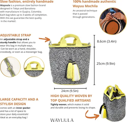 Vista 3 de Mochila colombiana Wayuu, 100 % auténtica, diseño minimalista bohemio, tejido a mano, ganchillo, bolsa cruzada para mujer, Marrón, beige, negro.