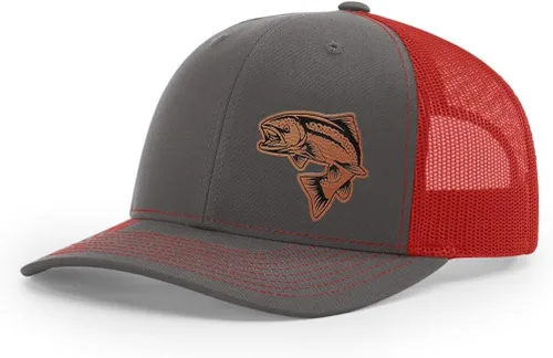 Vista 42 de Sombrero de pesca de salmón con parche de cuero grabado láser Richardson 112 Snapback Trucker Cap