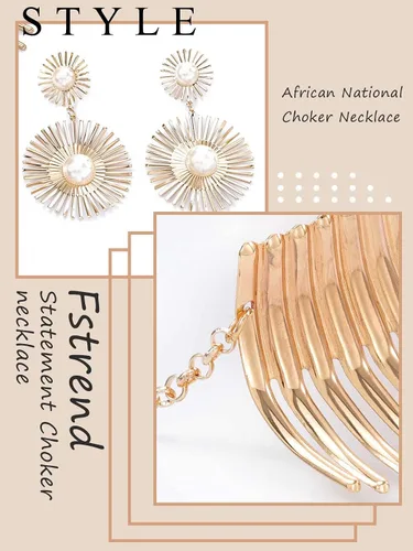 Vista 6 de Fstrend Collar gargantilla y aretes, juego de collar con forma de diente africano, collar con forma de diente canino africano, accesorios de joyería