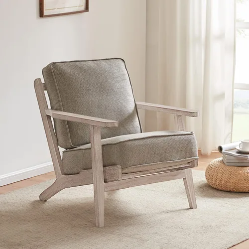 Vista 10 de BELLEZE Silla moderna de mediados de siglo con marco de madera resistente, sillón tapizado de lino, fácil montaje, cómoda silla decorativa para sala