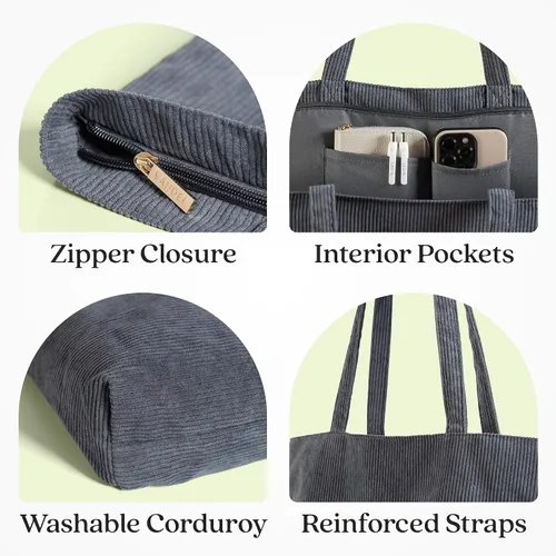 Vista 2 de VANDEL Bolso tote de pana para mujeres y hombres con cremallera y bolsillos interiores. Bolso tote con cremallera, bonita bolsa estética