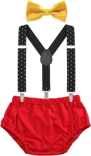 Vista 17 de AWAYTR Conjunto de bombones para bebé niño con tirantes y pajarita para fiesta de primer cumpleaños Beige