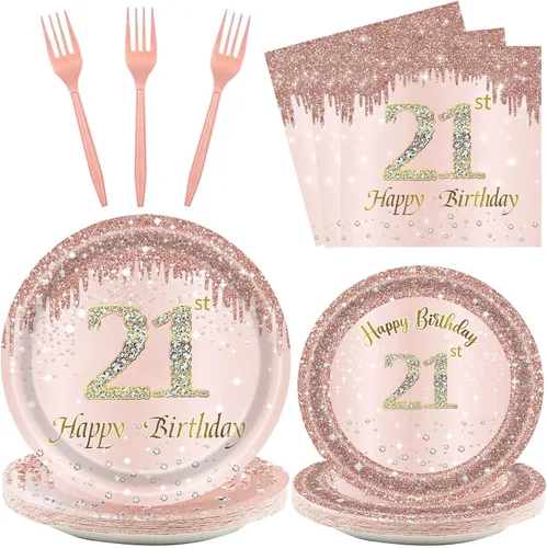 Vista 22 de 24 juegos de decoración de cumpleaños de oro rosa para niñas 1 juego de platos y servilletas y tenedores suministros de fiesta para niños de 1 año