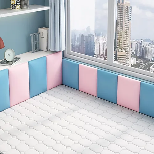 Vista 2 de Calcomanías de pared anticolisión para niños, paneles de pared 3D de color sólido, cabecero de cama, cojín de pared suave, autoadhesivo para Azul