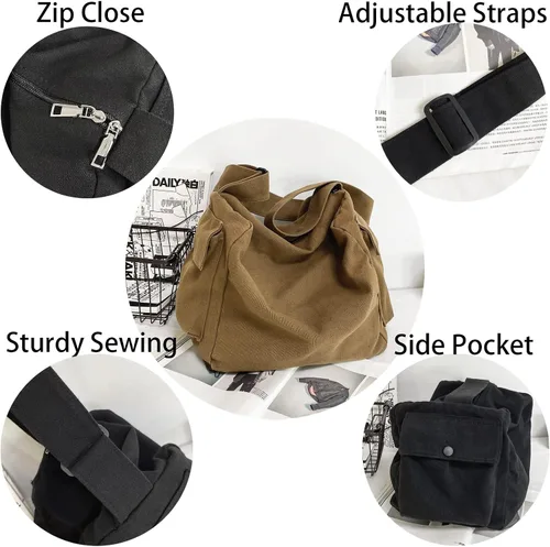 Vista 4 de KlaOYer Bolso bandolera de lona grande tipo hobo para la escuela, bolso bandolera con bolsillo para mujeres y hombres