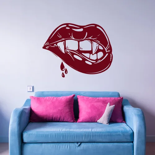 Vista 2 de Vinilo adhesivo para pared, diseño de labios sexys, colmillos de vampiro, niña, fantasía, Halloween, decoración grande (859ig) negro mate