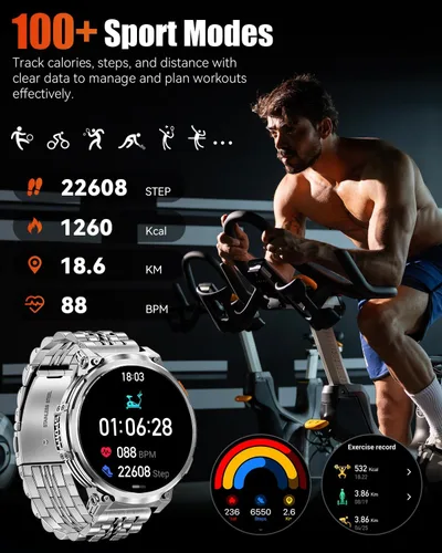 Vista 6 de Relojes inteligentes militares para hombres con llamada Bluetooth, pantalla HD de 1.85 pulgadas, reloj inteligente impermeable con linterna, 114
