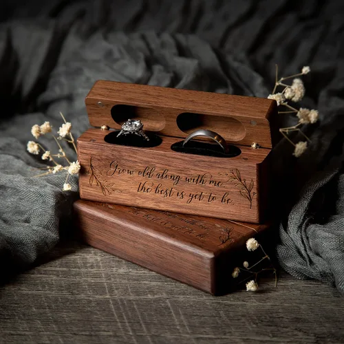 Vista 7 de MUUJEE Caja de doble anillo Caja de madera delgada grabada para boda, ceremonia de compromiso, propuesta de anillo caja para 2 anillos, ideas