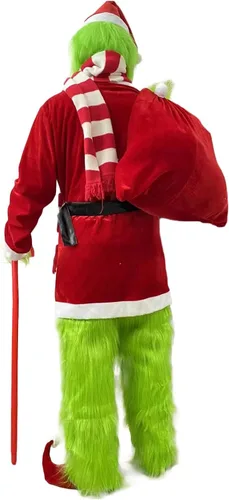 Vista 4 de Christmas Santa Claus Costume Green Furry Monster Suits Outfit Santa Coat Cosplay Mask Halloween Christmas Costumes for Men
