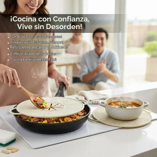 Vista 3 de Pantalla de silicona para sartenes, cubierta protectora contra salpicaduras de aceite con agujeros de filtro y alfombrilla resistente al calor, se