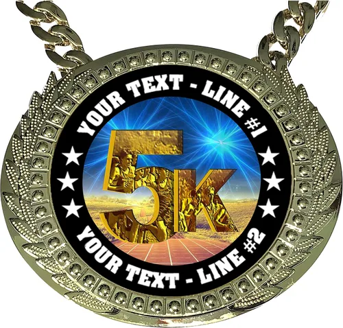 Vista 2 de Express Medals Trofeo de cadena de campeón de carreras 5K personalizado con 2 líneas de texto personalizado en una gran medalla de premio