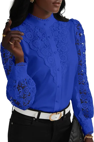 Vista 24 de Rooscier Blusa Elegante de Encaje de Crochet con Cuello Alto Simulado de Manga Larga con Botones para Mujer Top