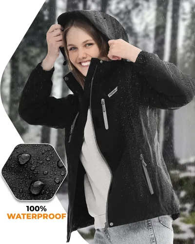 Vista 4 de Foxelli Chaqueta de senderismo impermeable para mujer, abrigo cálido con forro polar resistente al viento, chaqueta de lluvia con capucha Negro
