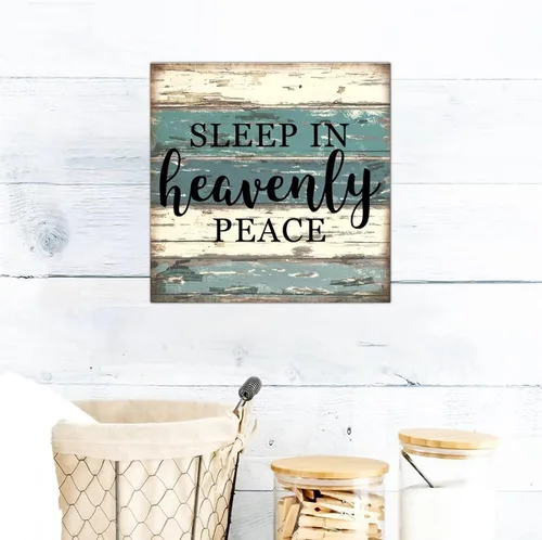 Vista 2 de SILYHEART Sleep in Heavenly Peace Wooden Framed Signs Wood Plaque Sign Retro Christian Quote Wall Decor Farmhouse Rustic Wooden for Home Front Door