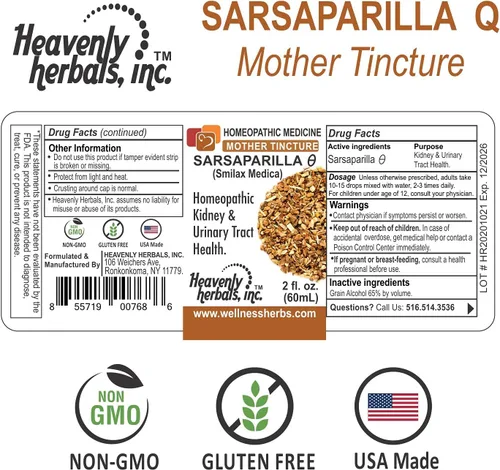Vista 8 de Heavenly Herbals, Inc. Sarsaparilla Q - Tintura madre homeopática, salud renal y del tracto urinario. Fabricado en Estados Unidos - 2 onzas líquidas