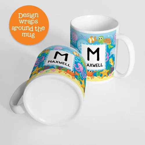 Vista 3 de Taza personalizada Undersea Kids con nombre e inicial, polímero ligero