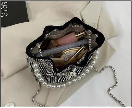 Vista 3 de Mini bolso cruzado de noche para mujer, bolso de mano brillante con correa de perlas