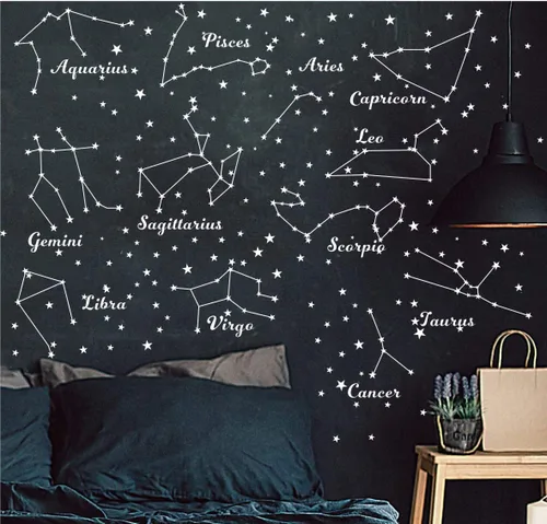 Vista 5 de Calcomanías de pared de constelación para habitación de niños, 12 calcomanías de astronomía del zodiaco con estrellas y signos, mural de vinilo Negro