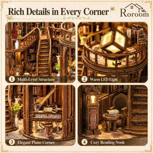 Vista 7 de Roroom Kit de casa en miniatura de bricolaje, kit de rincón de libros de Aw02003 Dreamy Book Hall