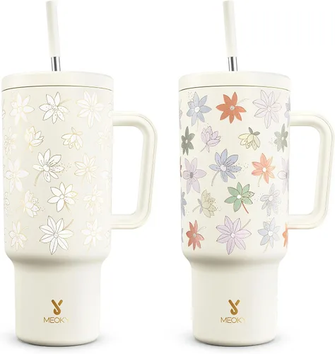 Vista 57 de Meoky - Vaso de 30 oz con asa, tapa y pajilla, taza de viaje térmica de acero inoxidable 100% a prueba de fugas, para portavasos, mantiene el frío