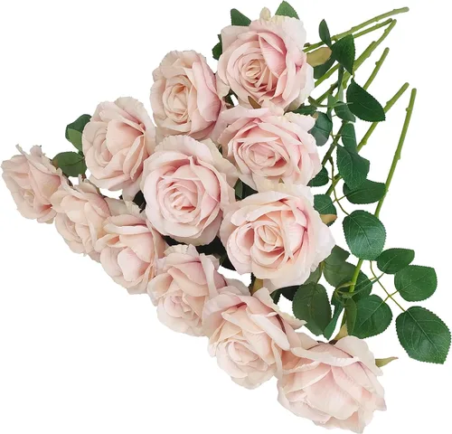 Vista 11 de ATFL Rosas Rubor, 12 Piezas de Rosas Rosa Pálido, Rosas Artificiales de Color Rosa Claro, Diámetro de la Flor 10 cm, Rosas Artificiales con Tallos