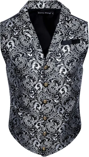 Vista 3 de Barry.Wang Chaleco victoriano de seda para hombre, conjunto de corbata con cuello a medida, chaleco gótico steampunk de cachemira, formal, fiesta