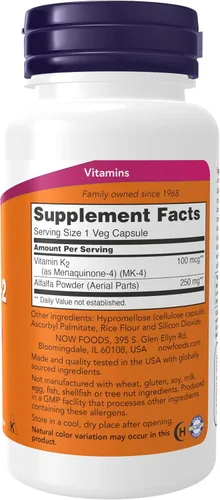 Vista 2 de NOW Foods Suplementos, Vitamina K-2 100 mcg, Menaquinona-4 (MK-4), Apoya la salud ósea*, 100 cápsulas vegetales