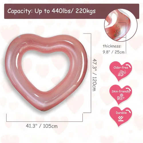 Vista 4 de Heart Inflatable Pool Tube Floats with Glitters - Pool Floaties Swim Ring Tubes for Adults/Teens, Pool Parties, Beach Vacations& Romantic Events