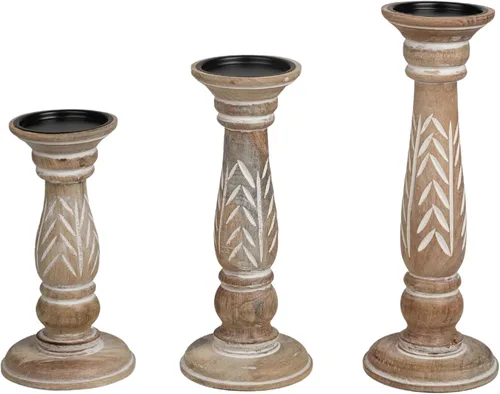 Vista 14 de Juego de 3 candelabros de pilar de madera de granja - Portavelas altos rústicos hechos a mano para decoración del hogar, centros de mesa, bodas