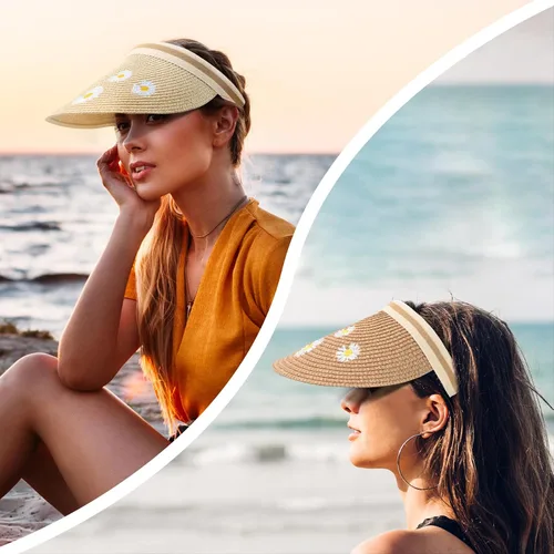 Vista 2 de Sombrero de paja con protección UV, visera de playa, sombrero de ala ancha, estampado de leopardo, enrollable, plegable para mujer