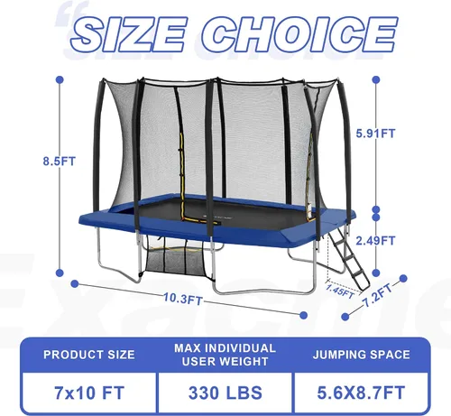 Vista 5 de Exacme Trampolín rectangular de 7 x 10, 8 x 12, 9 x 14 pies, para niños, dobles aberturas de cerramiento, trampolín rectangular pequeño
