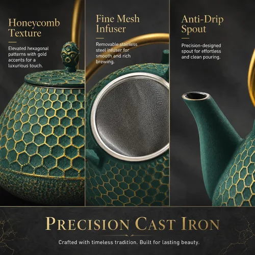 Vista 5 de YJX 54oz Cast Iron Tea Kettle for Stovetop, Green Teapot Japanese Tetsubin, Enameled Interior, Heavy and Durable, Large Tea Pot With Infuser for