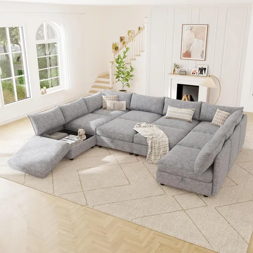 Vista 41 de 95.5" Sofá seccional modular de chenilla con almacenamiento oculto, sofá cama convertible en forma de L y U, sofá seccional moderno de 6 plazas