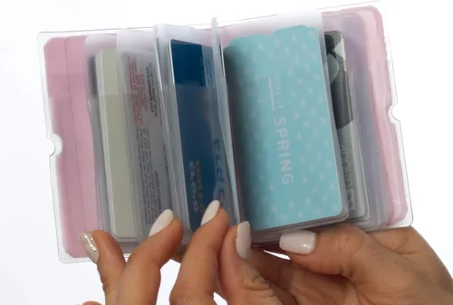 Vista 5 de Soporte para tarjetas de crédito para mujeres, soporte para cupones de tarjetas de fidelidad y organizador con 32 ranuras para tarjetas, Rosa