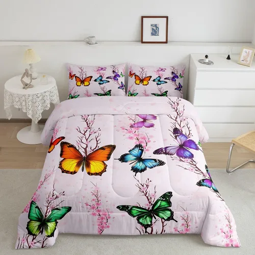 Vista 8 de Juego de ropa de cama de mariposa azul para adultos, mujeres y niñas, juego de edredón con estampado de lavanda morado, tamaño individual, diseño