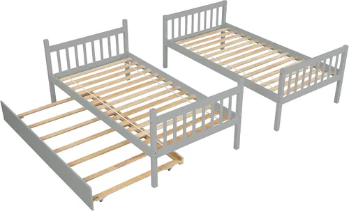 Vista 8 de HOUAGI Litera individual sobre cama individual con nido, litera de madera maciza con barandilla de seguridad y escalera, color gris