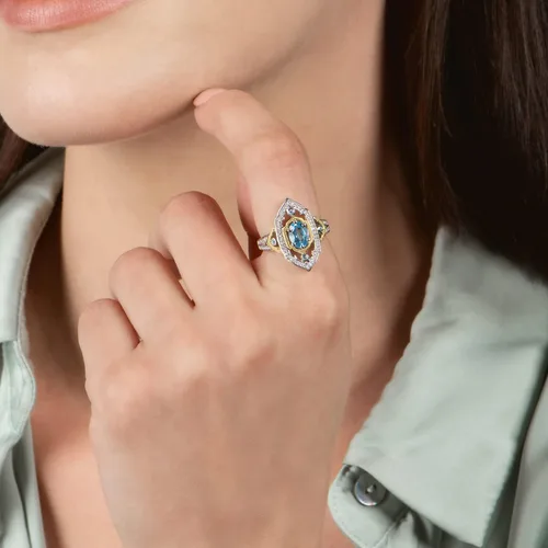 Vista 4 de Jewelili Enchanted Disney Fine Jewelry Anillo de plata de ley y oro amarillo de 10 quilates con diamante CTTW de 15 y topacio azul suizo y jazmín