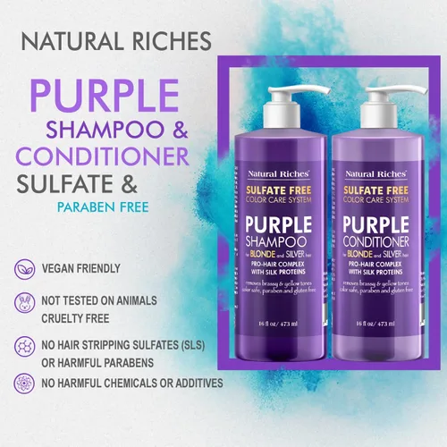Vista 6 de Natural Riches Juego de champú y acondicionador morado para cabello rubio, plateado y gris, sin sulfatos, seguro para el color, elimina los tonos