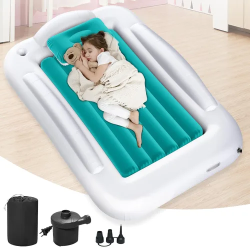 Vista 12 de Cama de viaje inflable para niños pequeños - Cama de viaje portátil para niños con lados de seguridad, juego completo de colchón de aire para niños
