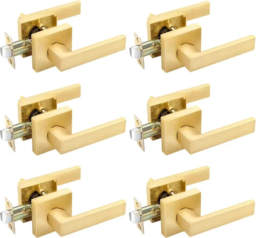Vista 27 de EHOMEWARE - Juego de manijas de puerta delantera doble de latón, manija de puerta de latón cuadrado resistente en oro y cerradura de un solo