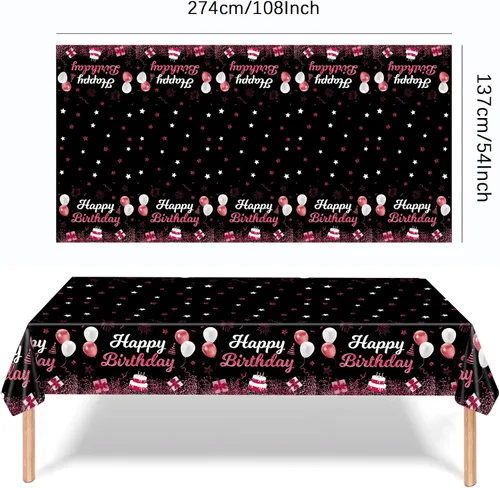 Vista 3 de MRJ Black Party Supplies - Paquete de 3 manteles de feliz cumpleaños con estrellas rosas y negras, decoraciones perfectas para fiestas de cumpleaños