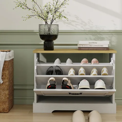 Vista 6 de RASOO Zapatero con cajón abatible para niños, organizador de zapatos de 3 niveles con 2 estantes ajustables, banco oculto para zapatos que ahorra