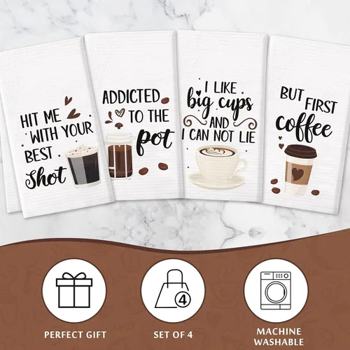 Vista 4 de Vansolinne Juego de 4 toallas de cocina de café con diseño de gofres, divertidas toallas de barra de café para regalos de mamá y anfitriona