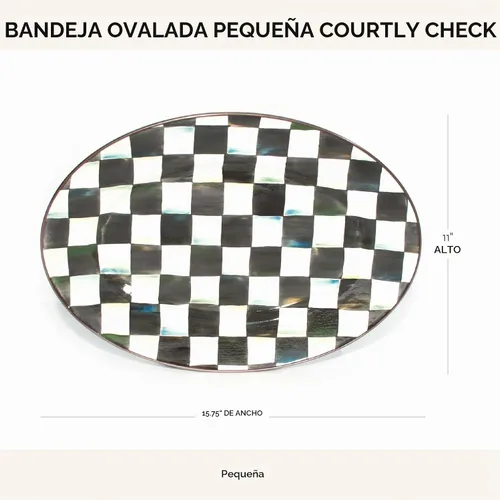 Vista 4 de MACKENZIE-CHILDS Bandeja Ovalada de Esmalte, Plato de Servir para Entretenimiento, Pequeño, Cuadros Cortesanos en Blanco y Negro color fantasía