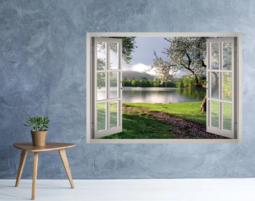 Vista 2 de Vinilo adhesivo de pared 3D con diseño de flores y paisaje y ventana de jardín, removible, vinilo para decoración del hogar, West Mountain™ W43