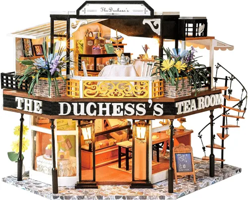 Vista 12 de CUTEBEE Casa de muñecas en miniatura con muebles, kit de casa de muñecas de madera para bricolaje, a prueba de polvo, idea creativa para habitación